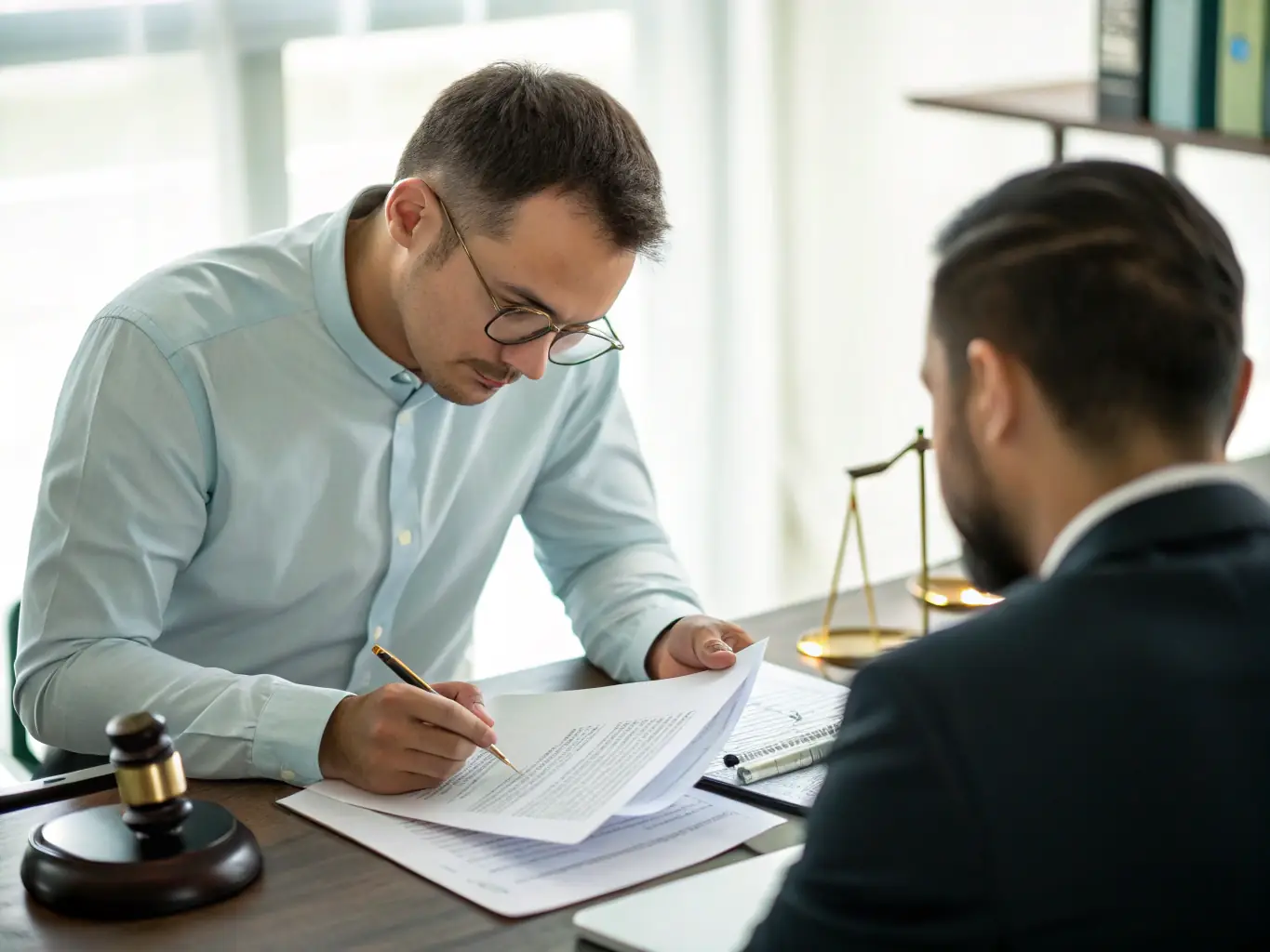 A lawyer reviewing a civil contract in an office setting in Honduras, representing the firm's civil law services.