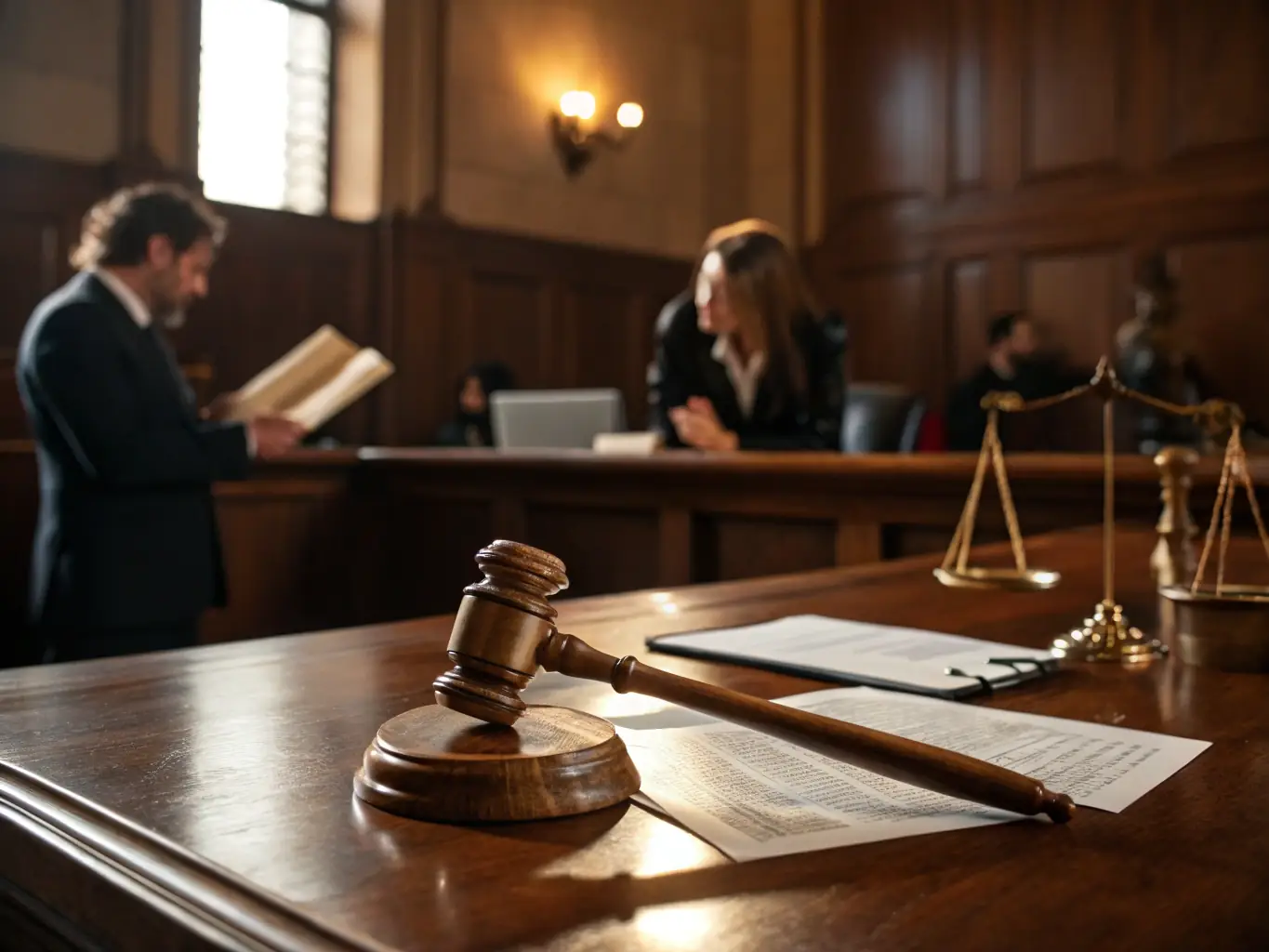 A gavel and scales of justice in a Honduran courtroom, symbolizing the firm's expertise in criminal law.