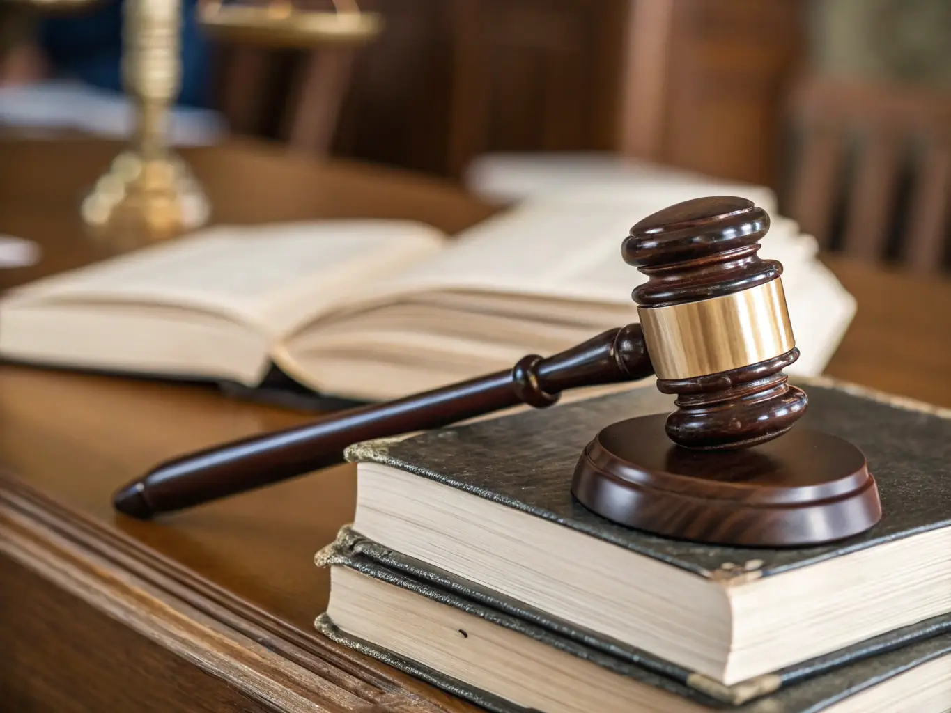 A gavel resting on a stack of legal books in a Honduran courtroom, symbolizing the firm's expertise in criminal law.